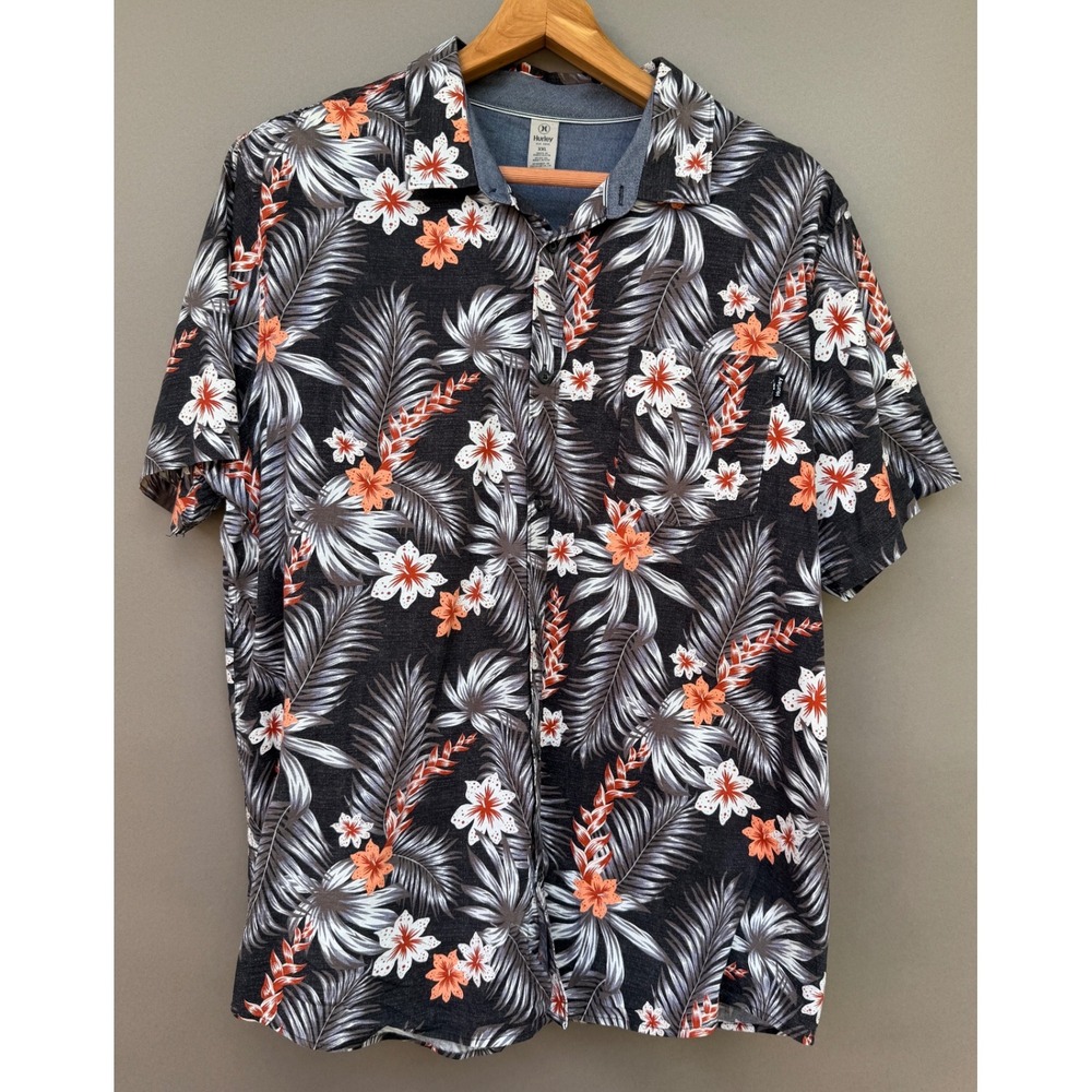 Hurley Mens XXL Black Tropical Floral Palm Leaf Short Sleeve Stretch Button Down